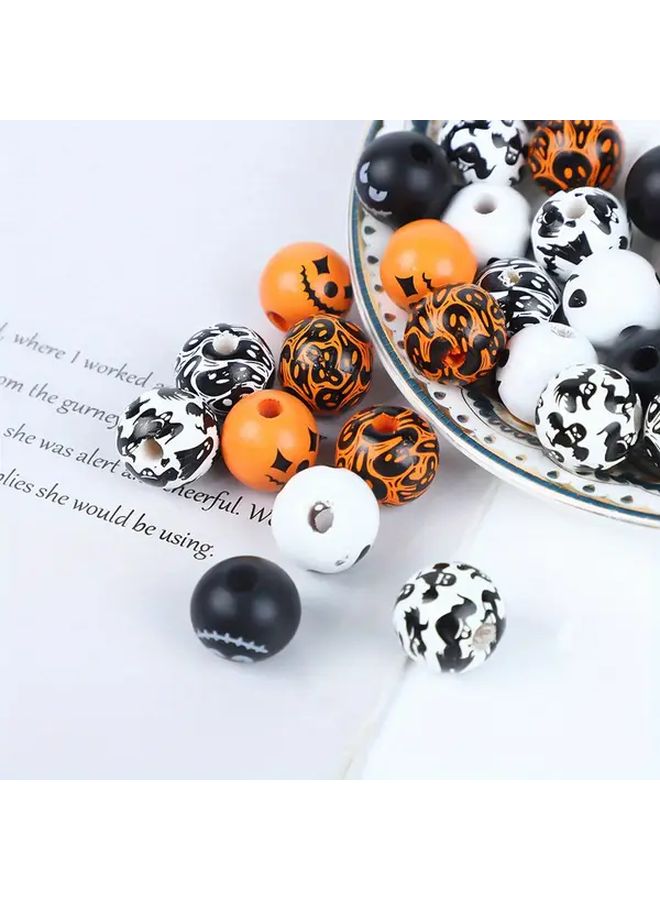 20 Pcs Halloween Wooden Beads Black Orange Spider Web Skull Design 16mm Round DIY Craft Bracelet Nuggets Style 2 - Image 3