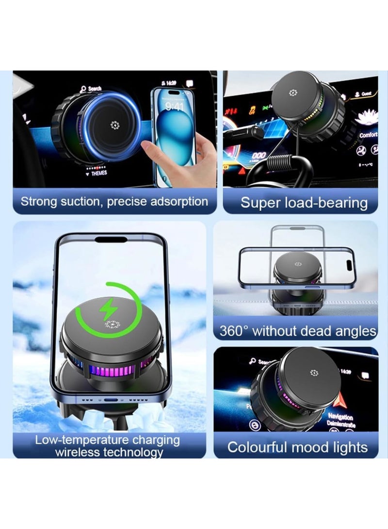 SYOSI Magnetic Phone Holder with Cooling Fan, Vacuum Suction Phone Charger Mount for Dashboard, Universal Phone Stand Charger for All Smooth Surfaces, Auto Essentials Supplies, 360° Adjustable (Black) - Image 2