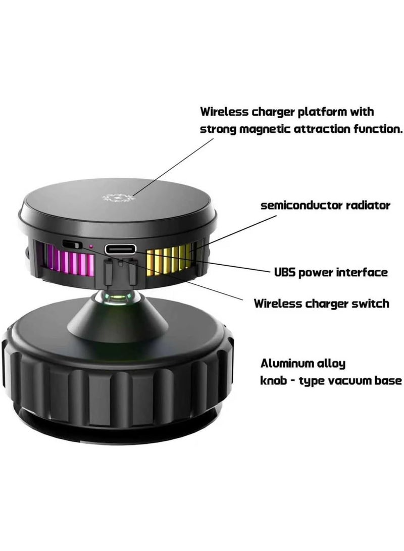 SYOSI Magnetic Phone Holder with Cooling Fan, Vacuum Suction Phone Charger Mount for Dashboard, Universal Phone Stand Charger for All Smooth Surfaces, Auto Essentials Supplies, 360° Adjustable (Black) - Image 4