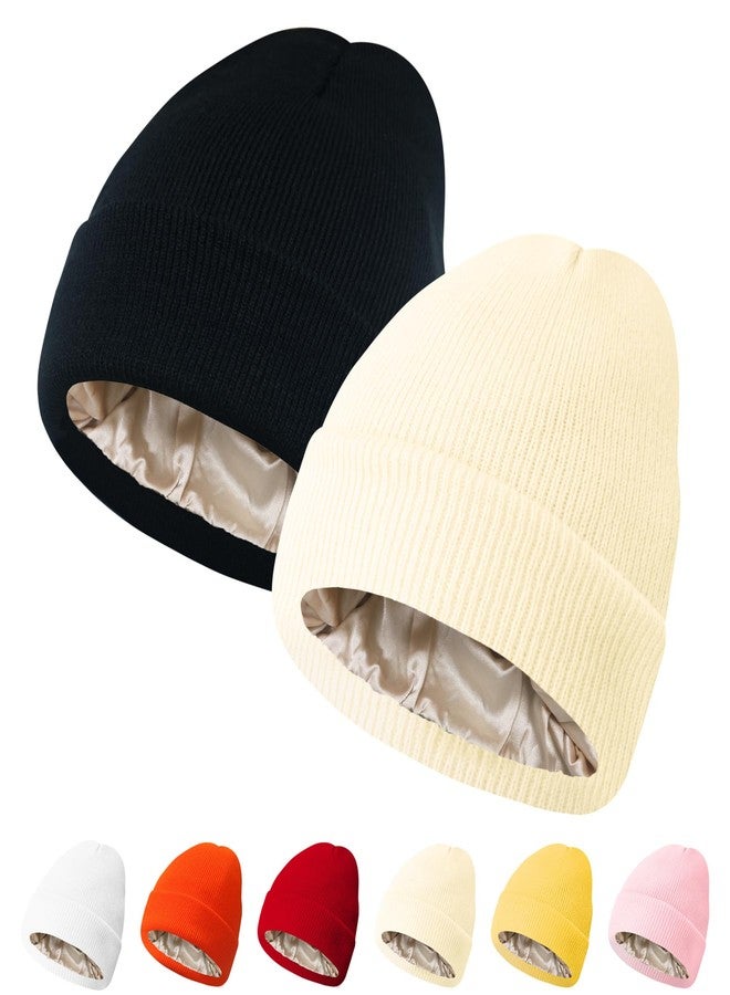 PFFY 2 Packs Womens Satin Lined Beanie Hat Silk Lining Winter Hats Beanies for Women Soft Slouchy Beanie Skull Cap Black+Beige - Image 1