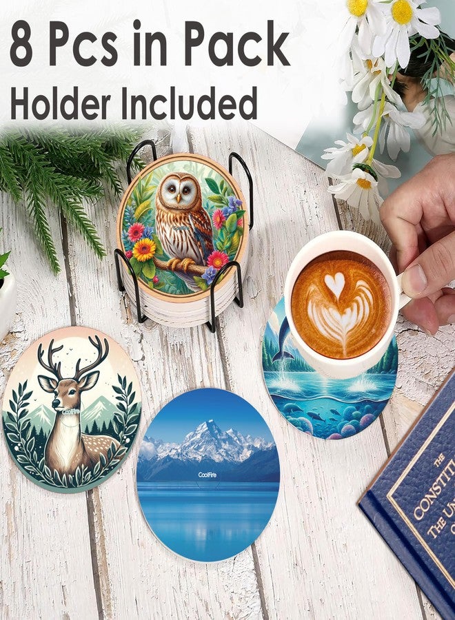 CoolFire - Drink Coasters Set of 8 with Holder | Rustic Farmhouse & Coastal Decor | Non-Slip Silicone Table Protectors | Wildlife Nature Designs (Owl, Deer, Turtle, Eagle) CC01 - Image 2