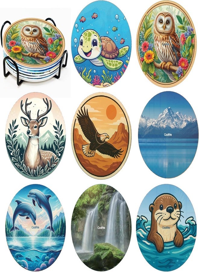 CoolFire - Drink Coasters Set of 8 with Holder | Rustic Farmhouse & Coastal Decor | Non-Slip Silicone Table Protectors | Wildlife Nature Designs (Owl, Deer, Turtle, Eagle) CC01 - Image 1