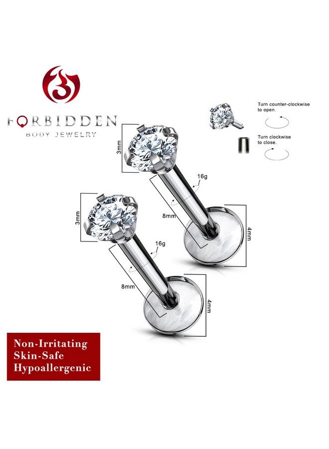 Forbidden Body Jewelry 16 G Titanium Internally Threaded Tragus Piercing Cz Top Flat Back Piercing Nose Studs Earring, Helix, Cartilage, Labret, Monroe For Women Or Men (8Mm/3Mm X2)… - Image 2