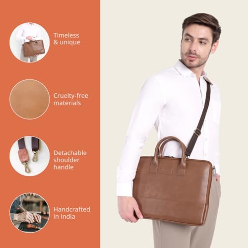 HAMELIN Theo Sleek Laptop Messenger Bag | Vegan Leather Zip Closure & Slip Pockets for 15.6 Inch Laptops |Detachable & Adjustable Strap |Office Bag For Man & Women Stylish|Ideal For Office Travel |Tan - Image 3