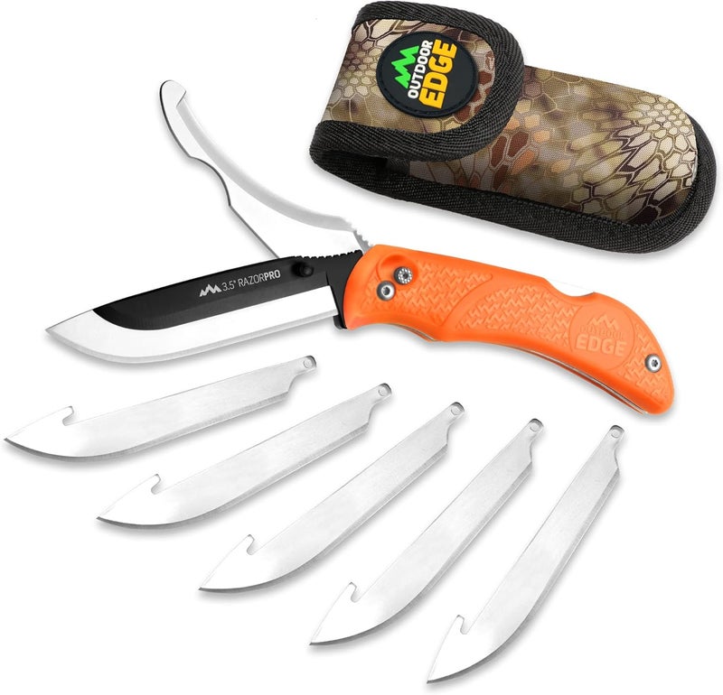 Outdoor Edge RazorPro G Double Blade Hunting Knife – Replaceable Razor Sharp Skinning Blade & Gutting Knife for Fast Field Dressing, Non-Slip Black Handle, Black Sheath with 6 Extra Blades (Orange) - Image 1