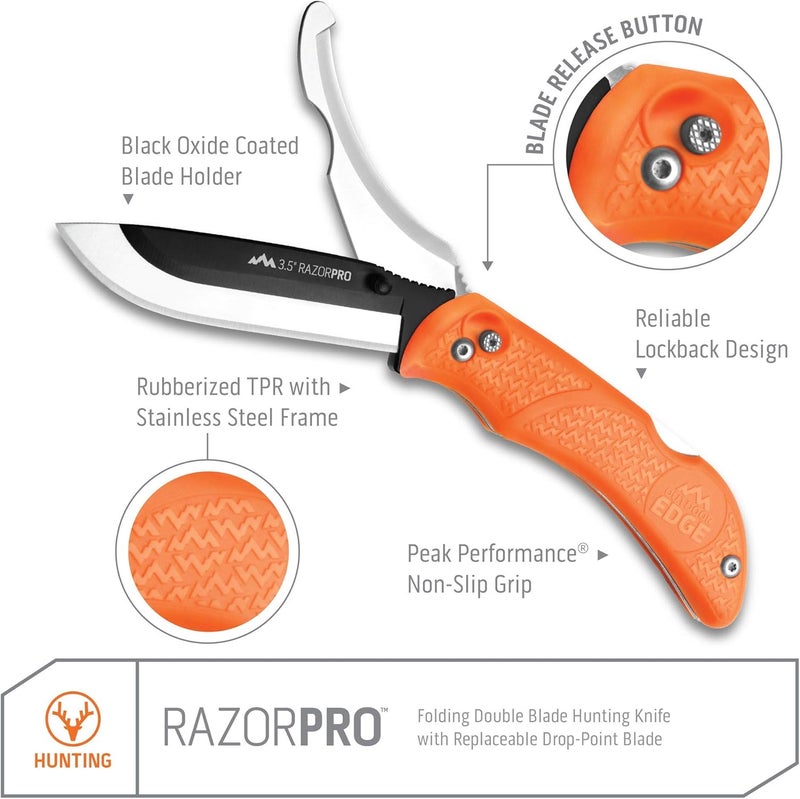 Outdoor Edge RazorPro G Double Blade Hunting Knife – Replaceable Razor Sharp Skinning Blade & Gutting Knife for Fast Field Dressing, Non-Slip Black Handle, Black Sheath with 6 Extra Blades (Orange) - Image 2