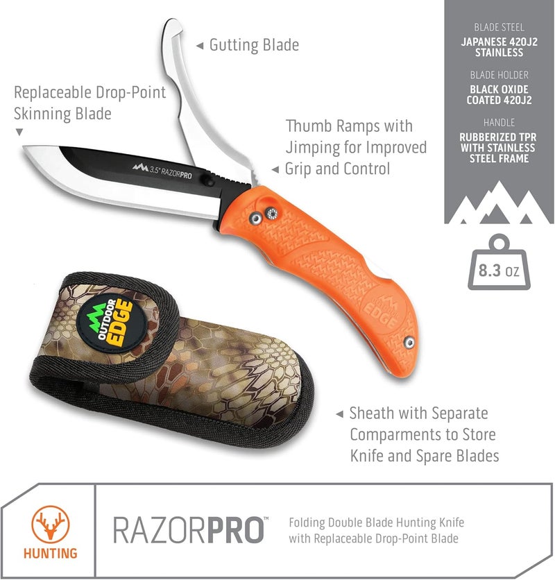 Outdoor Edge RazorPro G Double Blade Hunting Knife – Replaceable Razor Sharp Skinning Blade & Gutting Knife for Fast Field Dressing, Non-Slip Black Handle, Black Sheath with 6 Extra Blades (Orange) - Image 3