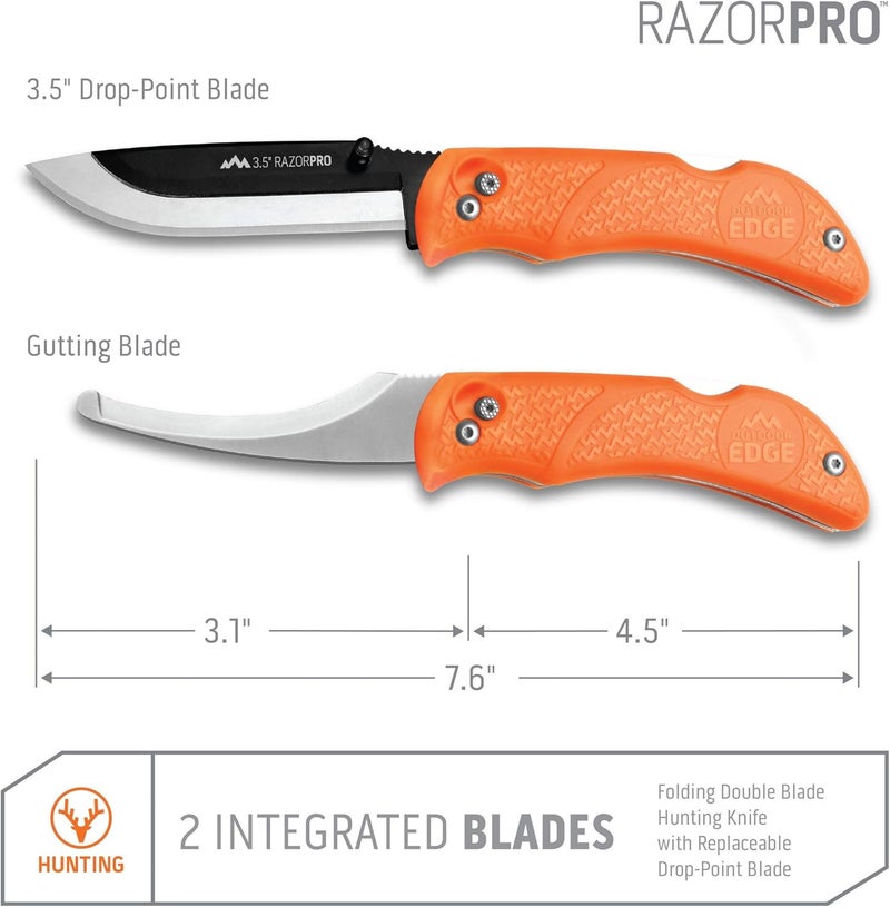 Outdoor Edge RazorPro G Double Blade Hunting Knife – Replaceable Razor Sharp Skinning Blade & Gutting Knife for Fast Field Dressing, Non-Slip Black Handle, Black Sheath with 6 Extra Blades (Orange) - Image 4