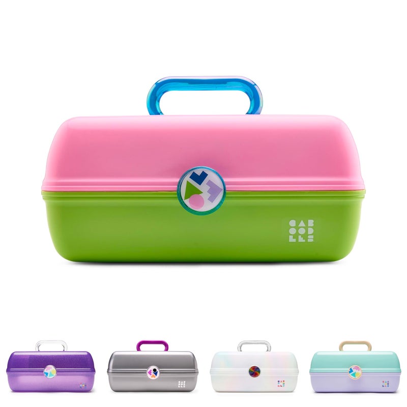 Caboodles صندوق مكياج كابودلز للفتاة المتنقلة، وردي ثنائي اللون على أخضر نيون، صندوق تنظيم مكياج بلاستيكي صلب، مرآة مدمجة، قفل آمن للسفر بأمان، تخزين واسع للأغراض الكبيرة - Image 1