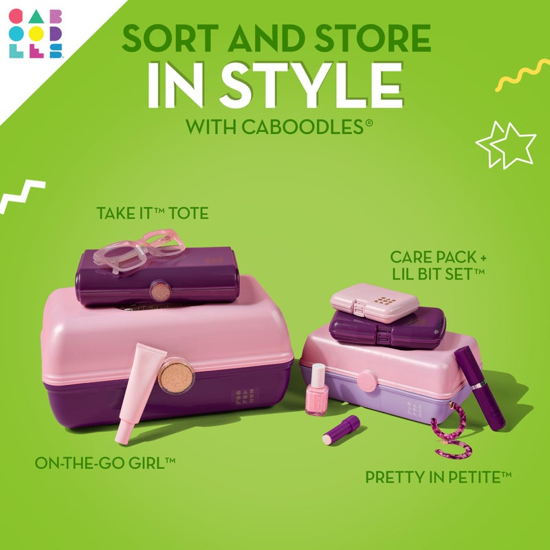 Caboodles صندوق مكياج كابودلز للفتاة المتنقلة، وردي ثنائي اللون على أخضر نيون، صندوق تنظيم مكياج بلاستيكي صلب، مرآة مدمجة، قفل آمن للسفر بأمان، تخزين واسع للأغراض الكبيرة - Image 3