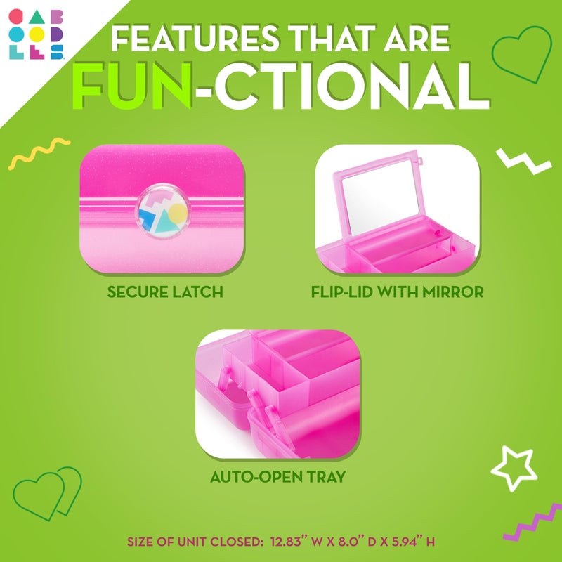 Caboodles صندوق مكياج كابودلز للفتاة المتنقلة، وردي ثنائي اللون على أخضر نيون، صندوق تنظيم مكياج بلاستيكي صلب، مرآة مدمجة، قفل آمن للسفر بأمان، تخزين واسع للأغراض الكبيرة - Image 2