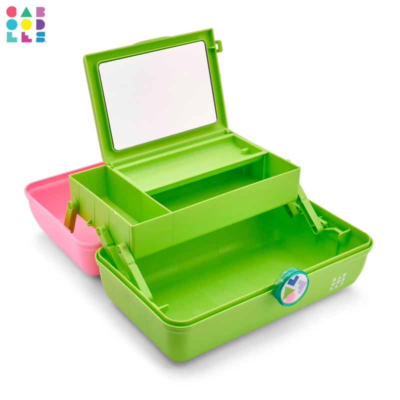 Caboodles صندوق مكياج كابودلز للفتاة المتنقلة، وردي ثنائي اللون على أخضر نيون، صندوق تنظيم مكياج بلاستيكي صلب، مرآة مدمجة، قفل آمن للسفر بأمان، تخزين واسع للأغراض الكبيرة - Image 4