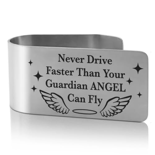 XQLZY Never Drive Faster Than Your Guardian Angel Can Fly Engraved Stainless Steel Car Visor Clip Funny Guardian Angel Visor Clip Gifts for Family Friend Driver God Prayer Gifts - Image 1