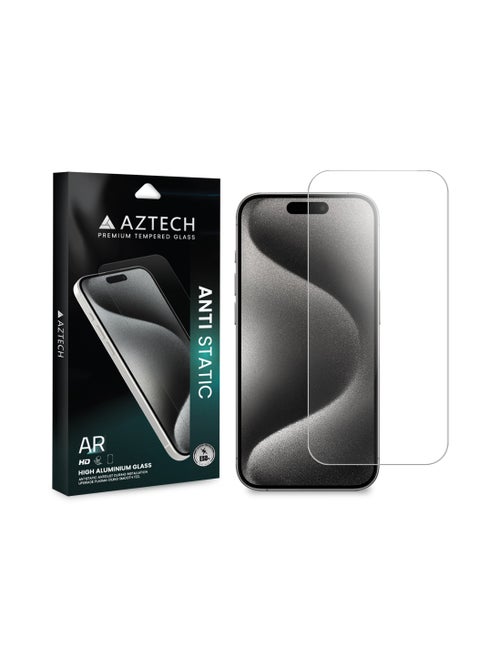 AZTECH Premium Clear Tempered Glass for iPhone 15 Pro Max, Anti Static, High Aluminium Glass, AR translucency process, Bare hand feel, Fingerprint, oil and stain resistance and Smooth touch, including free cleaning wipes for making it easy to clean and apply.
