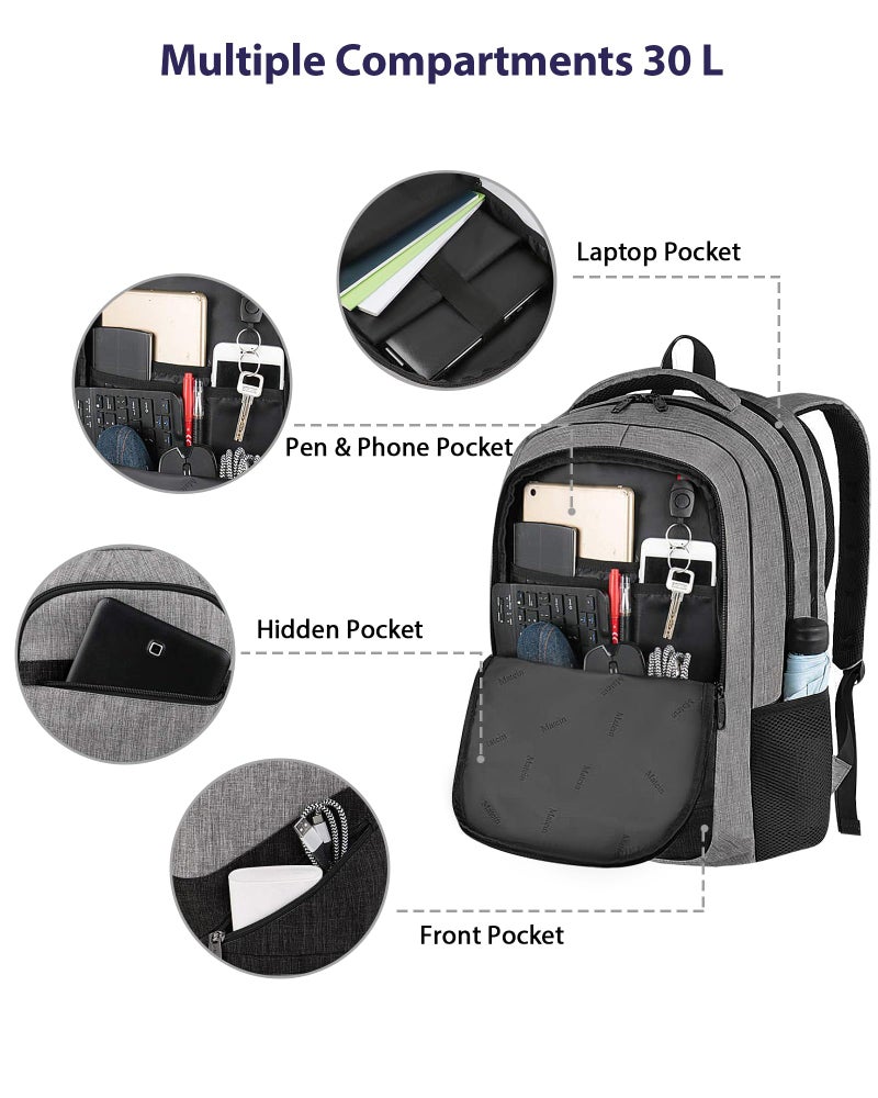 MATEIN 17 Inch Work Backpack for Men Women, Water Resistant Practical Travel Laptop Backpack with Anti Theft Pocket, Casual College Daypack Laptop Compartment TSA Friendly, Grey Black - Image 5