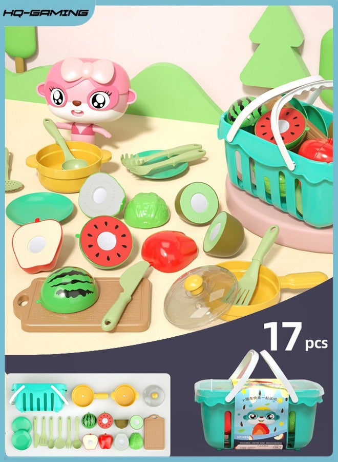 HQ-GAMING 17PCS Fruit Toy Set, Cutting Play Food Toys for Kids, Pretend Play Kitchen Accessories, Pretend Fruit with Shopping Storage Basket, Plastic Board, Mini Dishes and Knife, Educational Toy for Toddler - Image 1