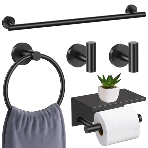 soaez Matte Black Bathroom Hardware Set, 5 Pieces Black Towel Bar Bathroom Accessories Set, Upgraded Toilet Paper Holder with Shelf, 23.6 Inch Towel Rack Towel Holder for Bathroom Wall - Image 1