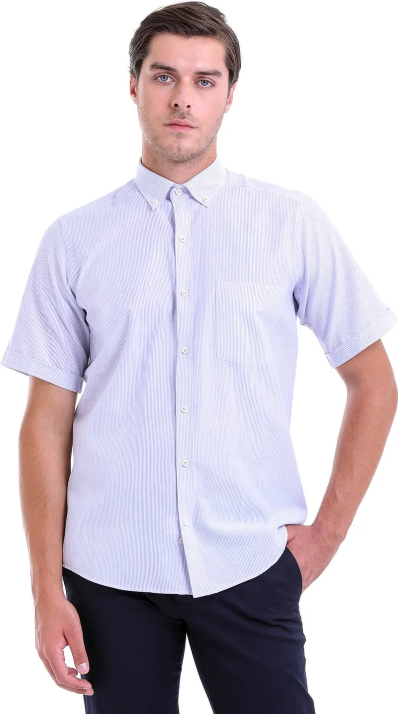 هاتيموغلو Lilac Striped Regular Fit Cotton Short Sleeve Shirt