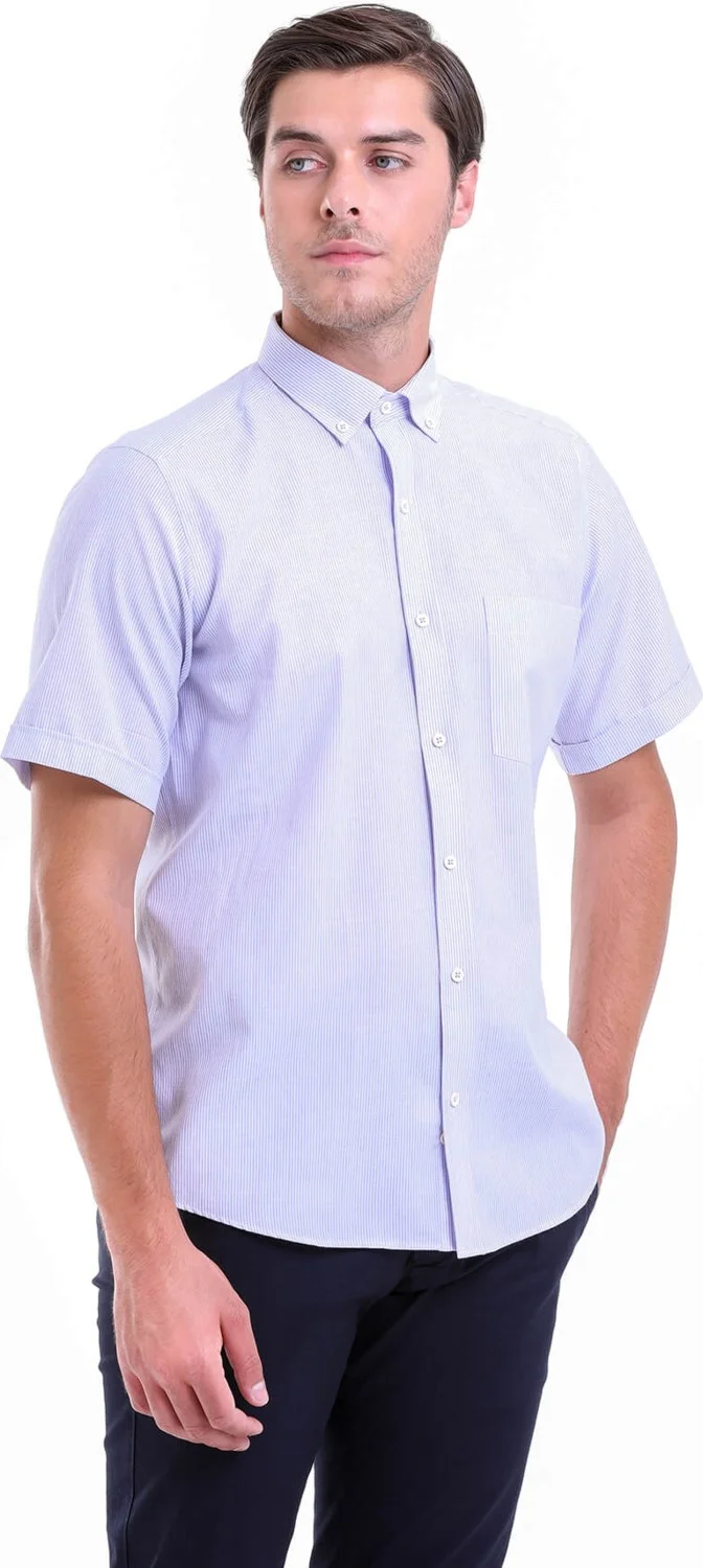 هاتيموغلو Lilac Striped Regular Fit Cotton Short Sleeve Shirt