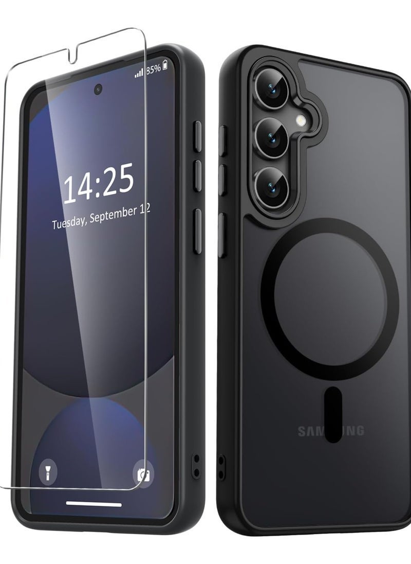 JAJEEK Samsung Galaxy S25 Case – Matte Magnetic Phone Case with 1 Screen Protector, Magsafe Compatible, Translucent Frosted Shockproof Protective Cover for Samsung Galaxy S25, Black - Image 1