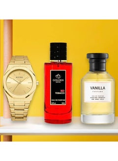 Two perfumes with a watch with a golden bracelet and a golden dial