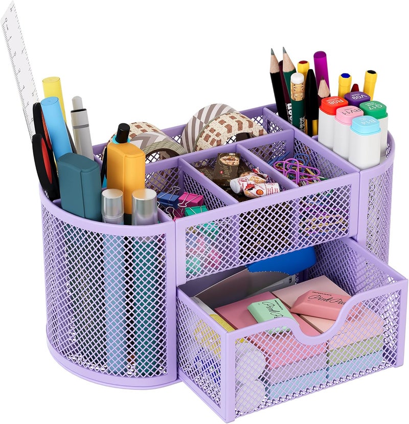 EasyPag Mesh Pen Holder Desk Organizer with Drawer Stationery Supplies Organizer for Dorm School 9 Compartments Workspace Desk Accessories Organization for Office (Light Purple) - Image 1