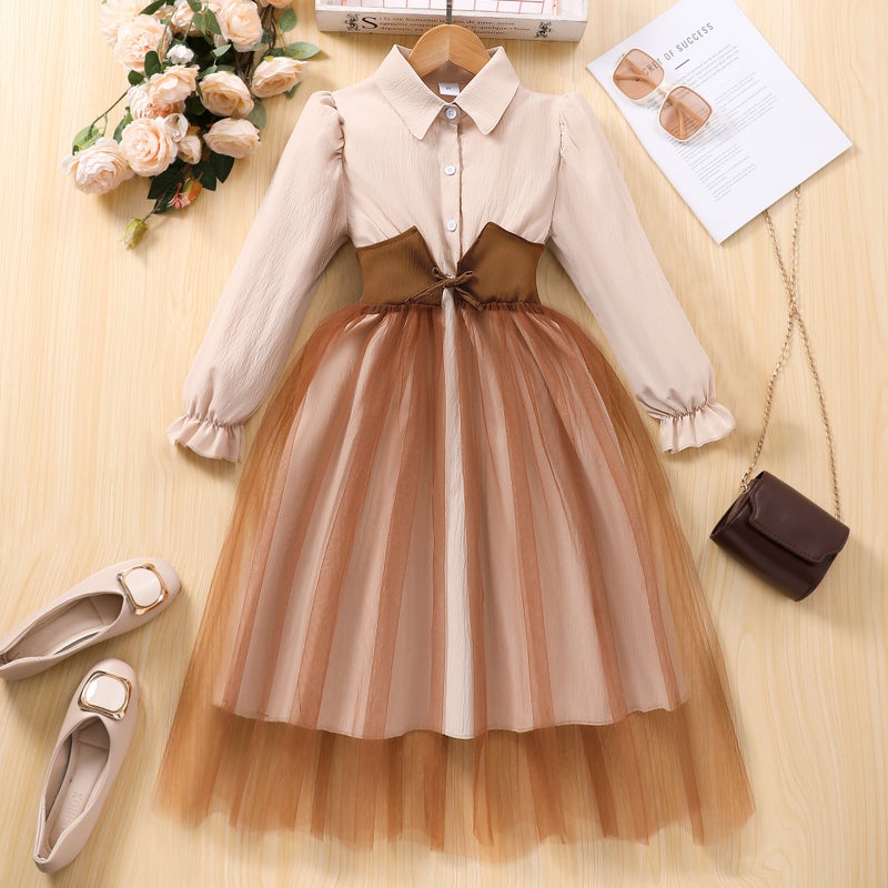 2025 New Girls Long Sleeve Lapel Waist Mesh Stitching Dress Pleated Skirt - Image 2