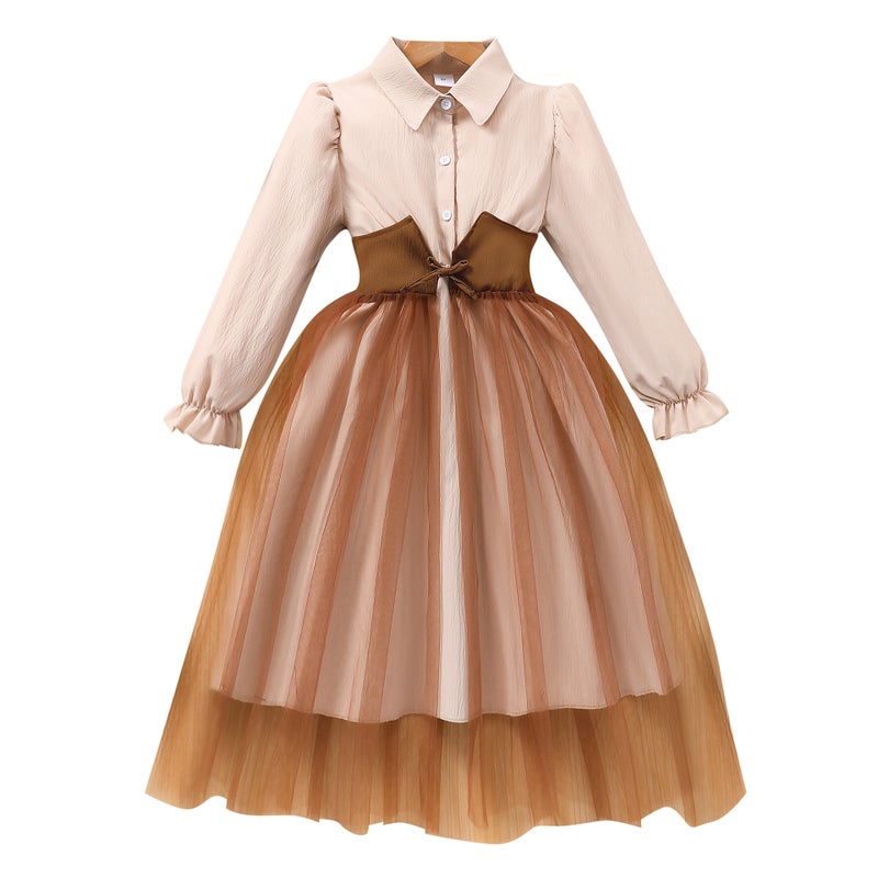 2025 New Girls Long Sleeve Lapel Waist Mesh Stitching Dress Pleated Skirt - Image 1