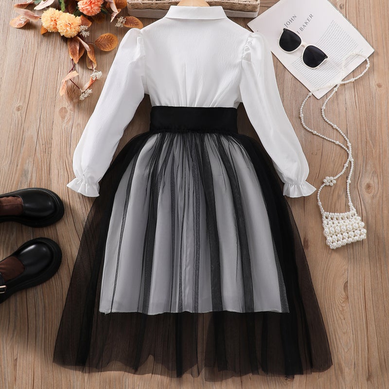 2025 New Girls Long Sleeve Lapel Waist Mesh Stitching Dress Pleated Skirt - Image 5
