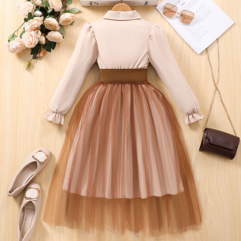 2025 New Girls Long Sleeve Lapel Waist Mesh Stitching Dress Pleated Skirt - Image 3