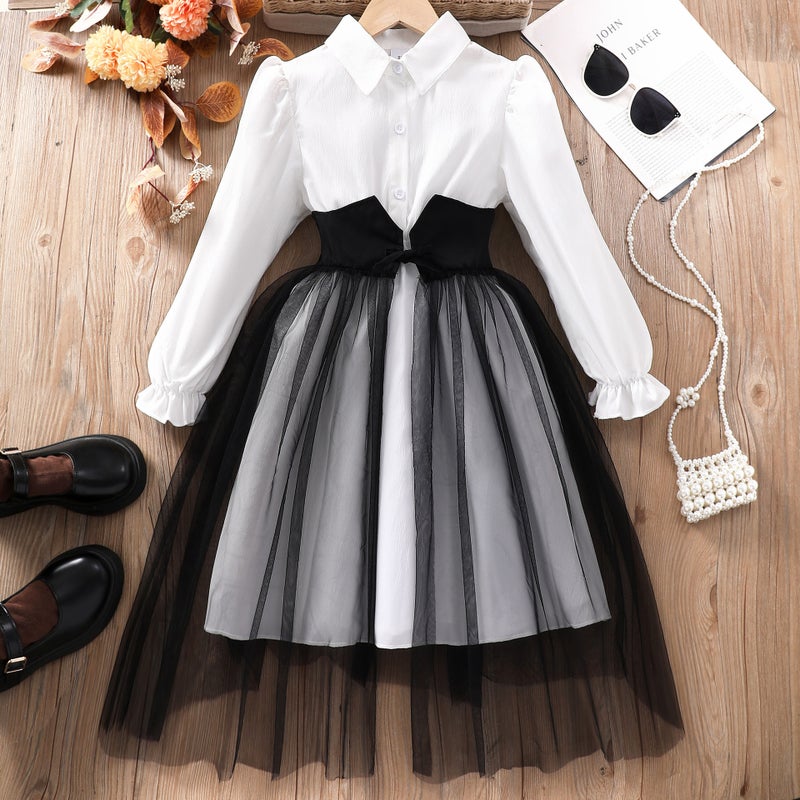 2025 New Girls Long Sleeve Lapel Waist Mesh Stitching Dress Pleated Skirt - Image 4