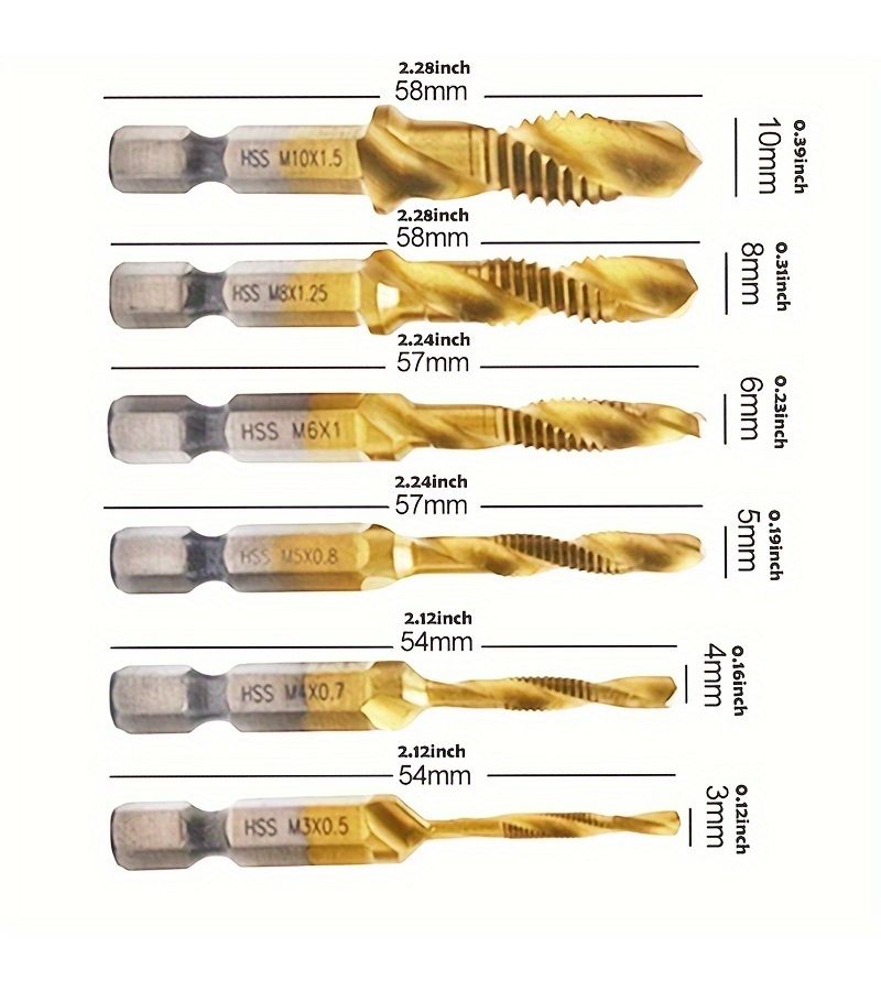 12 Piece Titanium Coated HSS Hexagonal Shank Drill Bit Tap Set M3 To M10 Silvery - Image 2