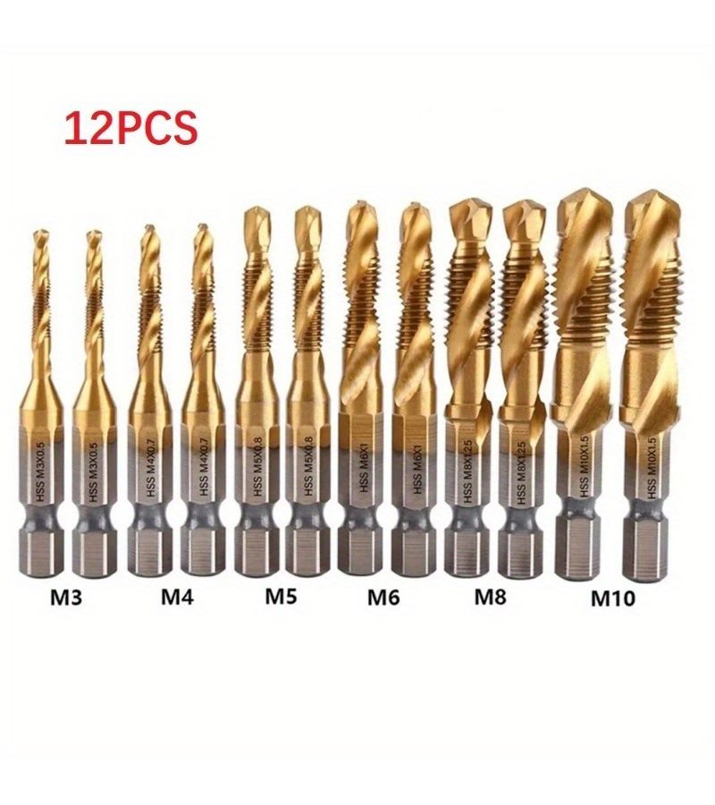 12 Piece Titanium Coated HSS Hexagonal Shank Drill Bit Tap Set M3 To M10 Silvery - Image 1