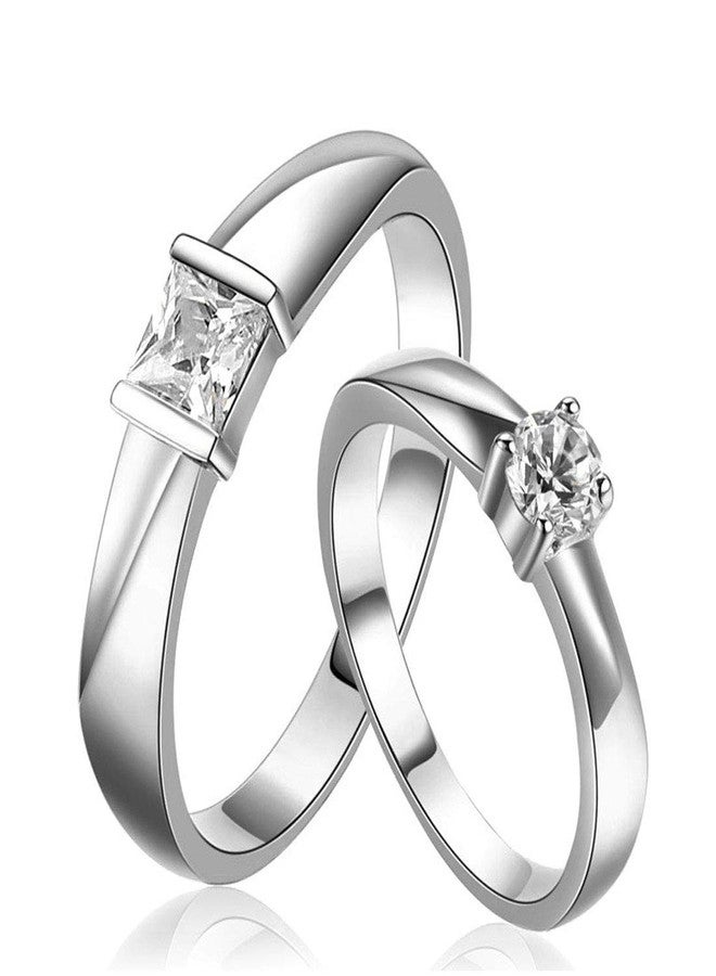 Sullery Rhodium Plated Couple Ring Set with Cubic Zirconia Stone Anniversary Engagement Promise Friendship Valentine?s Day Rings Gift for Men and Women - Image 1