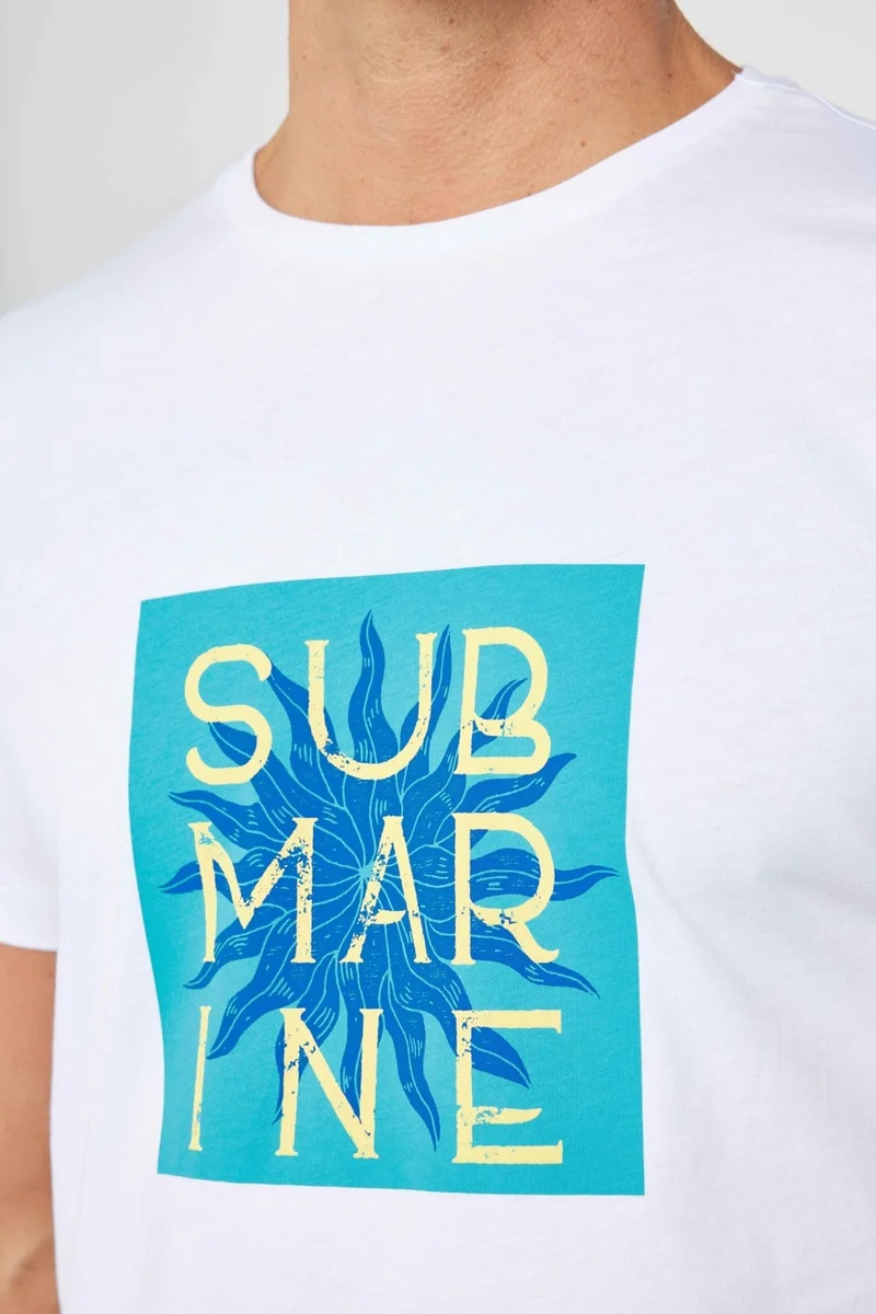 تودورس Men's Slim Fit Narrow Cut Cotton Soft Textured Printed White Crew Neck T-Shirt