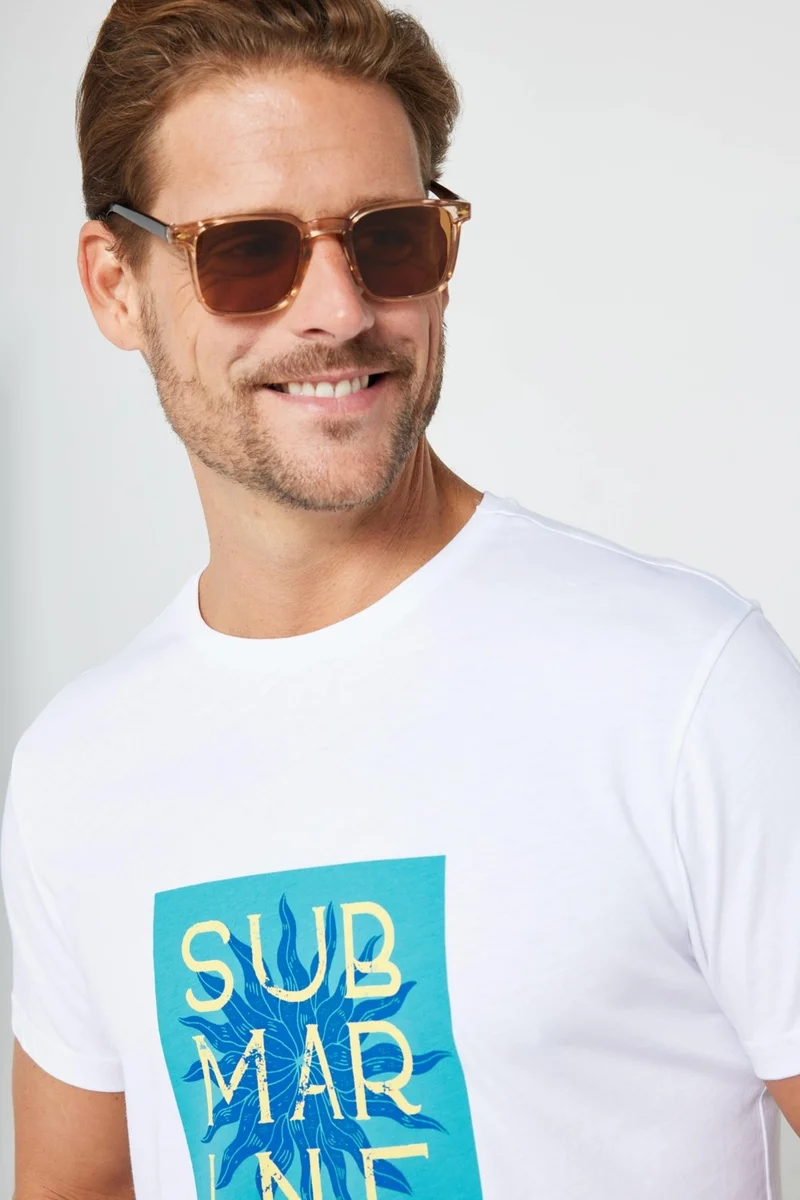 تودورس Men's Slim Fit Narrow Cut Cotton Soft Textured Printed White Crew Neck T-Shirt