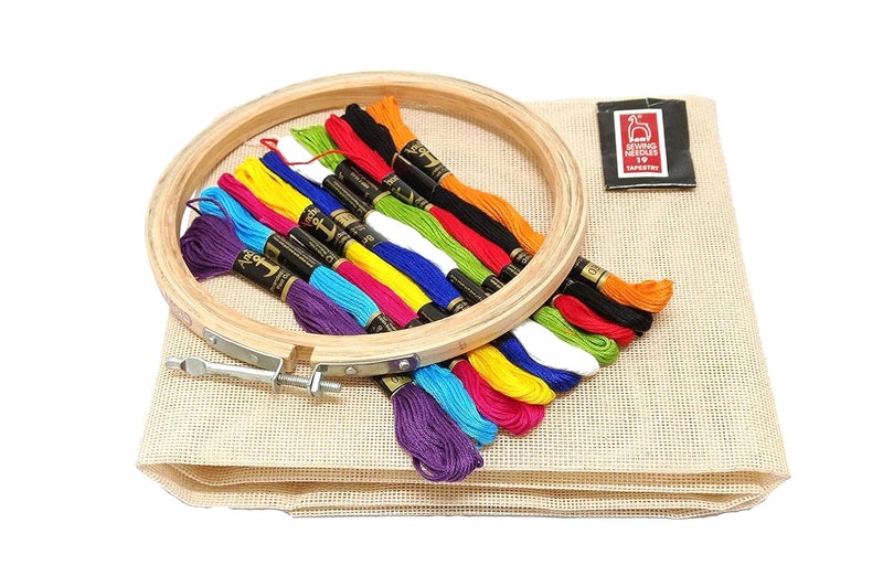 PRANSUNITA PRANSUNITA DIY Embroidery Kit for Beginners Includes Matty Canvas Cloth 10 Original Anchor skeins Wooden Frame Embroidery Needles