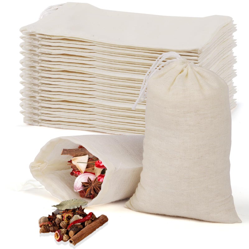 Hoiny 40 Pcs Empty Spice Bags for Cooking Soup, Reusable Tea Bags for Loose Tea, 4x6 In Natural Muslin Drawstring, Small Cheese Cloth Cotton for Straining, Unbleached Cheesecloth Herb Sachet - Image 1