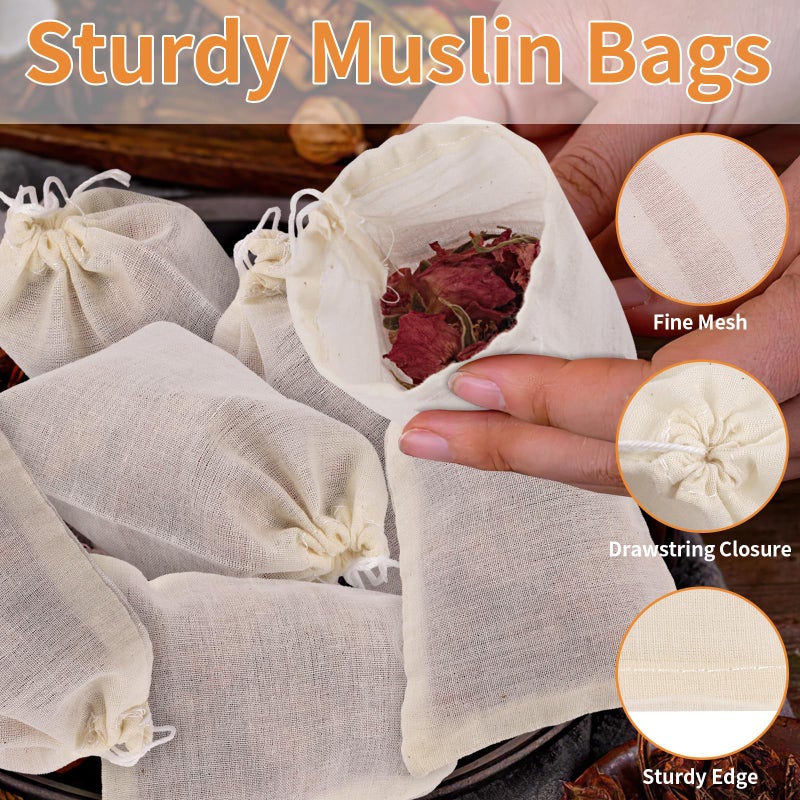 Hoiny 40 Pcs Empty Spice Bags for Cooking Soup, Reusable Tea Bags for Loose Tea, 4x6 In Natural Muslin Drawstring, Small Cheese Cloth Cotton for Straining, Unbleached Cheesecloth Herb Sachet - Image 4