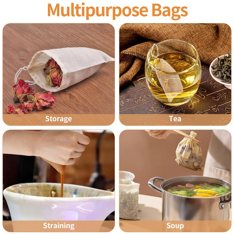 Hoiny 40 Pcs Empty Spice Bags for Cooking Soup, Reusable Tea Bags for Loose Tea, 4x6 In Natural Muslin Drawstring, Small Cheese Cloth Cotton for Straining, Unbleached Cheesecloth Herb Sachet - Image 5