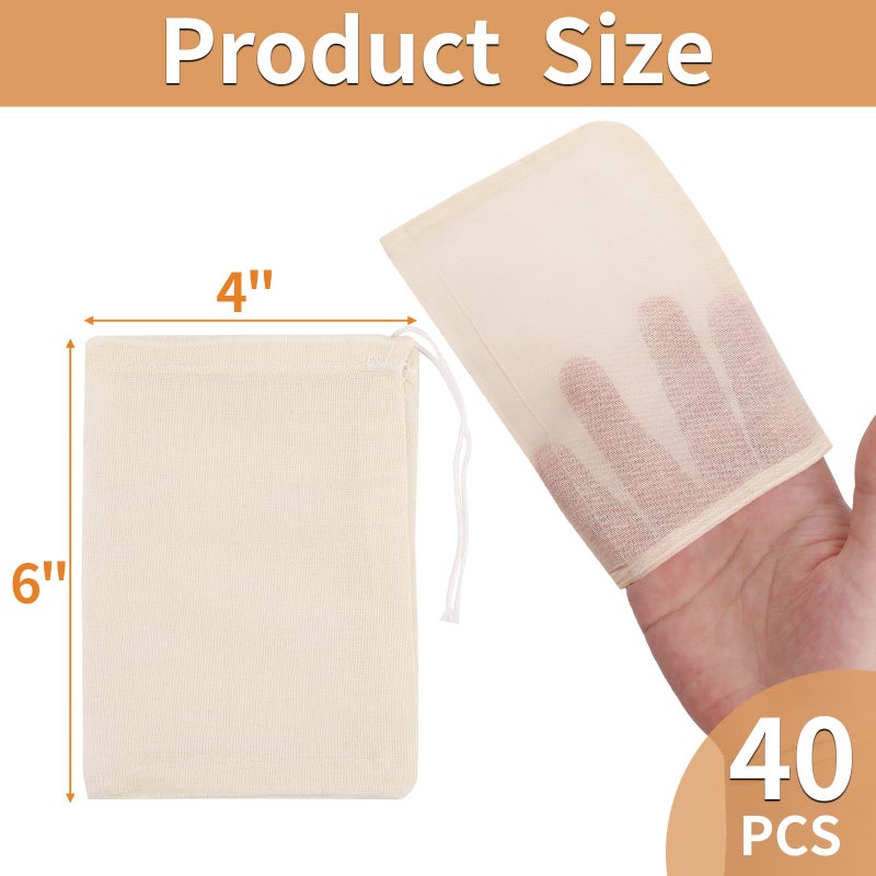 Hoiny 40 Pcs Empty Spice Bags for Cooking Soup, Reusable Tea Bags for Loose Tea, 4x6 In Natural Muslin Drawstring, Small Cheese Cloth Cotton for Straining, Unbleached Cheesecloth Herb Sachet - Image 2