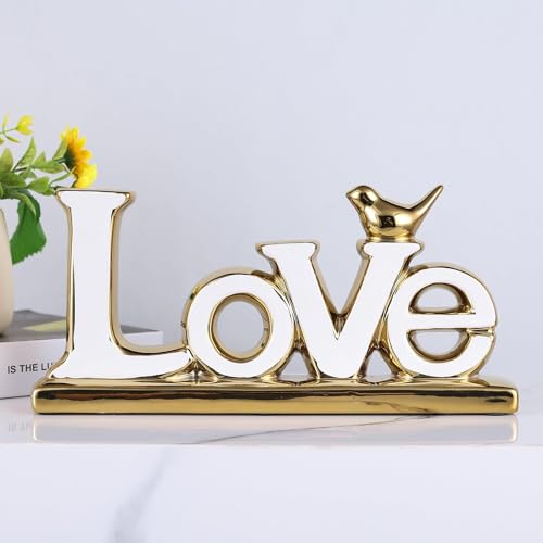 UANYEMON Love Sign Decoration - White and Gold Love Signs for Home Decor Statue, Modern Bird Sculpture Personalized Love Decor, Gold Style Figurine Decorative Ornaments for Living Room, Bedroom, Desktop - Image 3