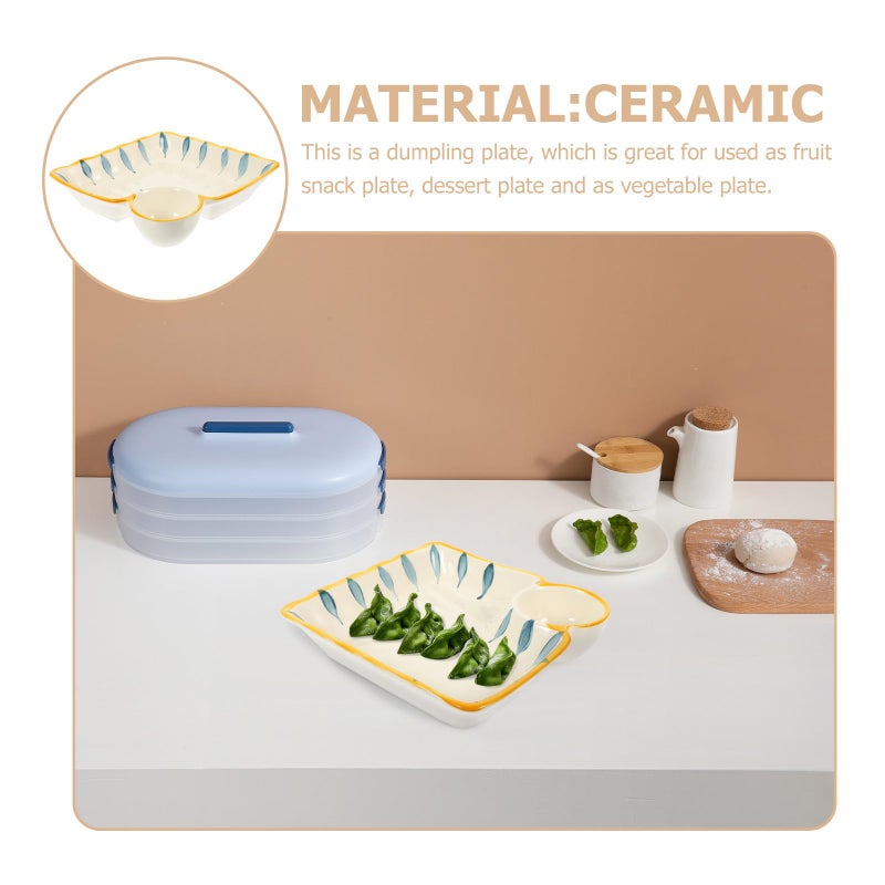 Blue Striped Square Ceramic Sushi Plate with Dumpling Sauce Compartment for Home Dining - Image 4