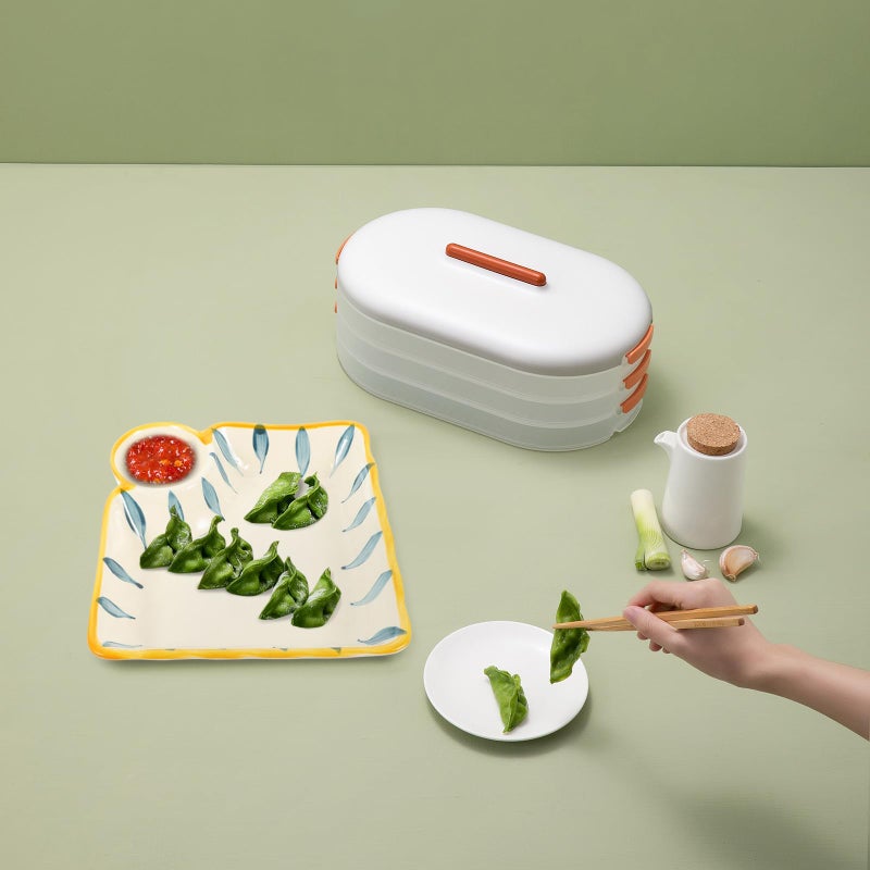 Blue Striped Square Ceramic Sushi Plate with Dumpling Sauce Compartment for Home Dining - Image 5