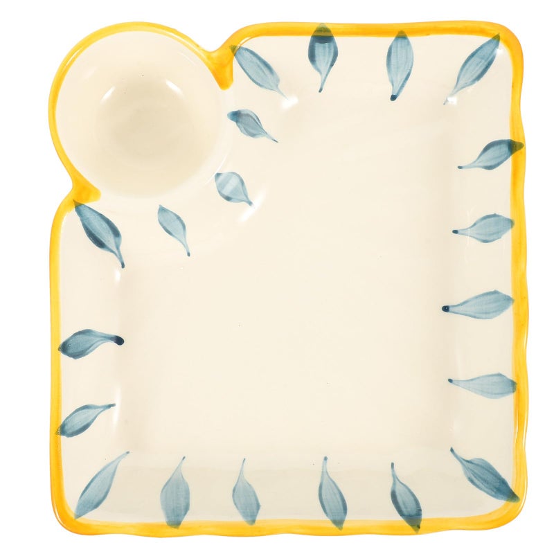 Blue Striped Square Ceramic Sushi Plate with Dumpling Sauce Compartment for Home Dining - Image 2