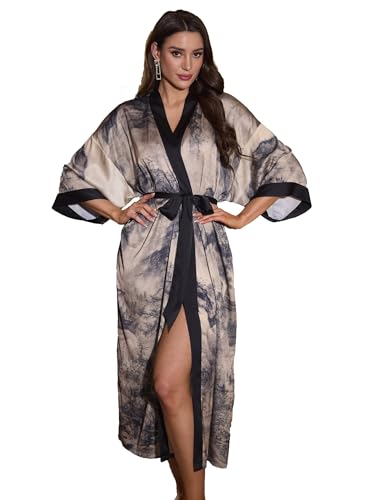 Kihnop Women's Floral Kimono Robe Long Satin Robe Long Silk Bathrobe Ladies Kimonos Dressing Gown, One Size - Image 3