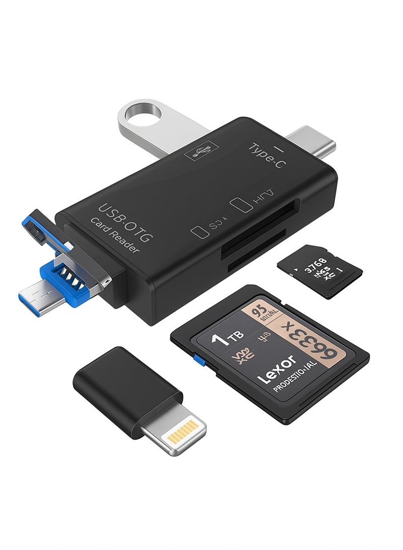 SYOSI SD Card Reader, Dual Connector USB C USB 3.0 Memory Ultra-high speed Card Reader Adapter With one Type C Female to Lighting Male , 6-in-1 USB C/Micro/USB Memory Reader Camera Viewer, Supports SD/Micro SD/MMC/SDXC/SDHC/Micro SDHC  - Image 1