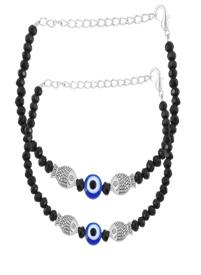 Kailash Creation Silver_Charm Evil Eye Nazariya Bracelet for Baby Boys & Girls | Black Crystal Beads Bracelet Adjustable for Newborns & Toddlers | Protective Lucky | Baby Shower, Birth, Naming Ceremony & Mundan Function (2, Lucky Fish) - Image 1