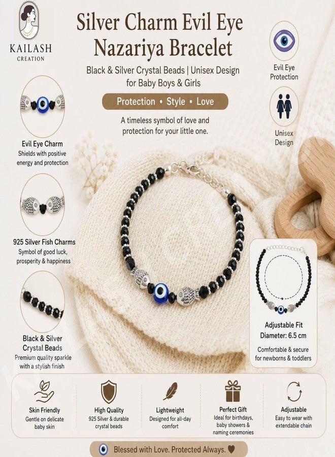 Kailash Creation Silver_Charm Evil Eye Nazariya Bracelet for Baby Boys & Girls | Black Crystal Beads Bracelet Adjustable for Newborns & Toddlers | Protective Lucky | Baby Shower, Birth, Naming Ceremony & Mundan Function (2, Lucky Fish) - Image 4