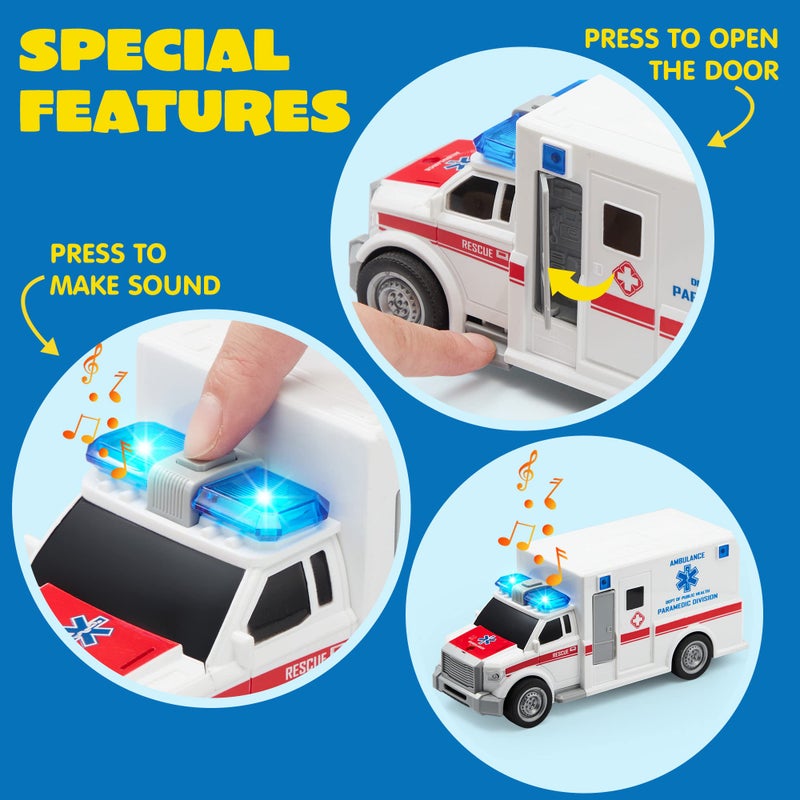 JOYIN 4 Packs Emergency Vehicle Toy Playsets, Friction Powered Vehicles with Light and Sound, Including Fire Truck, Ambulance, Play Police Car and Helicopter, Christmas Toddler Kids Boys Gifts - Image 4